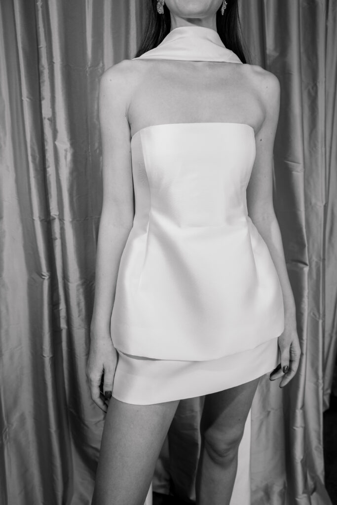 white strapless mini dress in with silk scarf